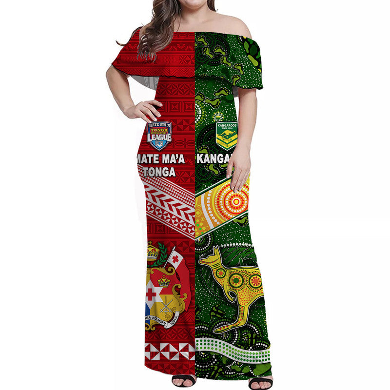 Mate Ma'a Tonga Ngatu And Australia Kangaroos Aboriginal Off Shoulder Long Dress Rugby Together