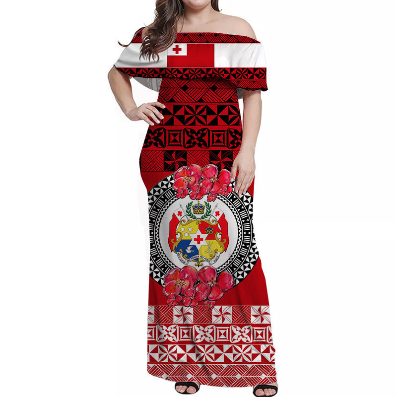 Custom Personalised Tonga Emancipation Day Off Shoulder Long Dress Independence Day Simple Ngatu Heilala Flower Red