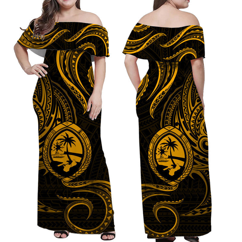 Polynesian Pride Guam With Polynesian Tribal Tattoo and Coat of Arms Off Shoulder Long Dress Gold Version