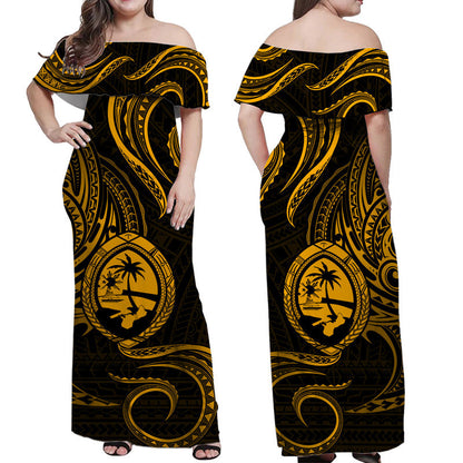 Polynesian Pride Guam With Polynesian Tribal Tattoo and Coat of Arms Off Shoulder Long Dress Gold Version
