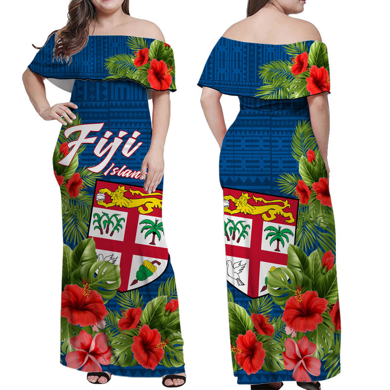 Fiji Islands Off Shoulder Long Dress Tropical Flowers and Tapa Pattern