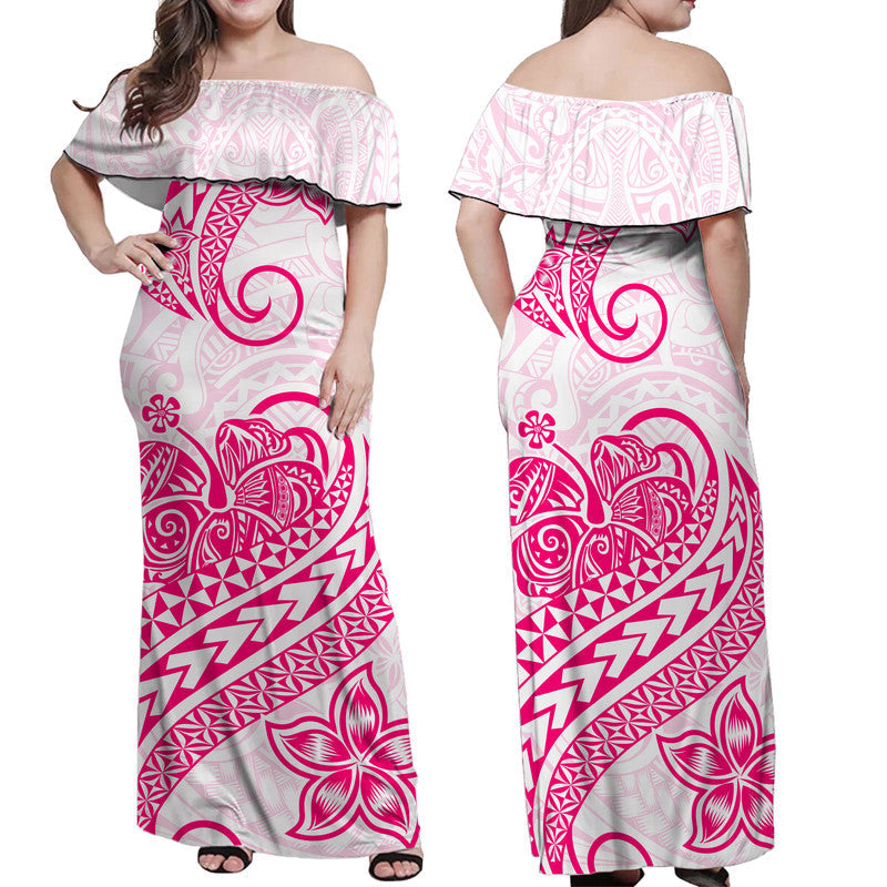 Polynesian Tribal Tattoo Retro Off Shoulder Long Dress Pink Screen Color