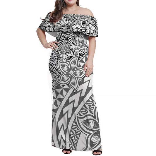 Traditional Polynesian Tribal Tattoo Retro Women Off shoulder Long Dress Grey