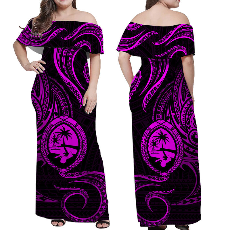Polynesian Pride Guam With Polynesian Tribal Tattoo and Coat of Arms Off Shoulder Long Dress Purple Version