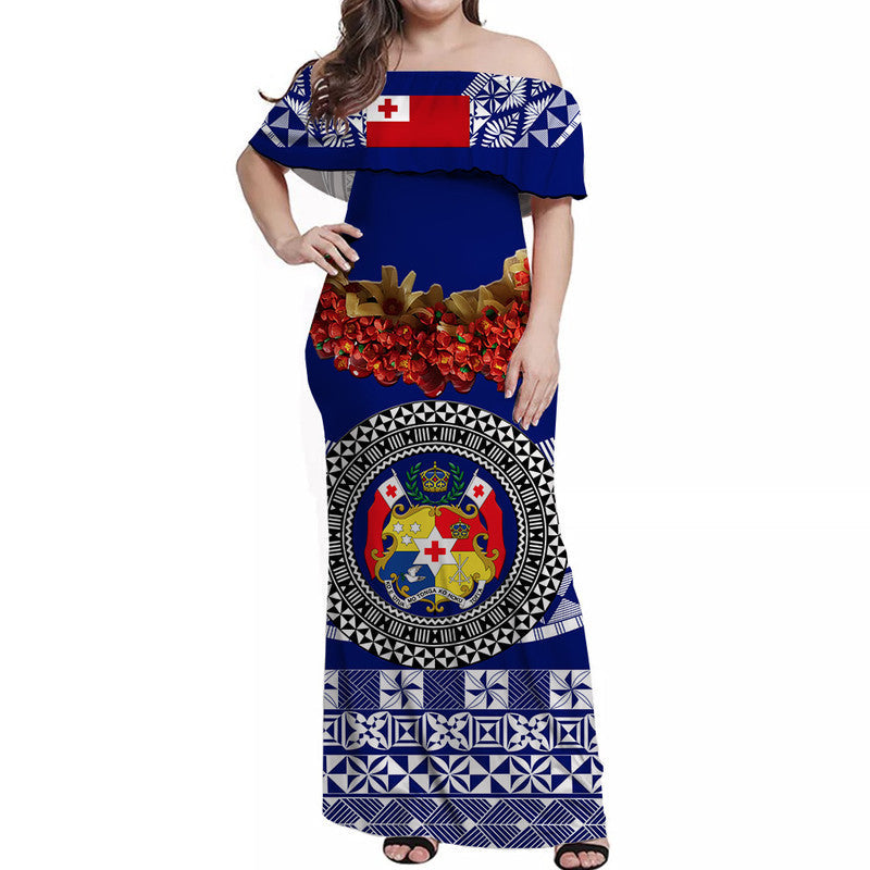 Custom Personalised Tonga Emancipation Day Off Shoulder Long Dress Independence Day Fancy Kahoa Heilala Flower Blue