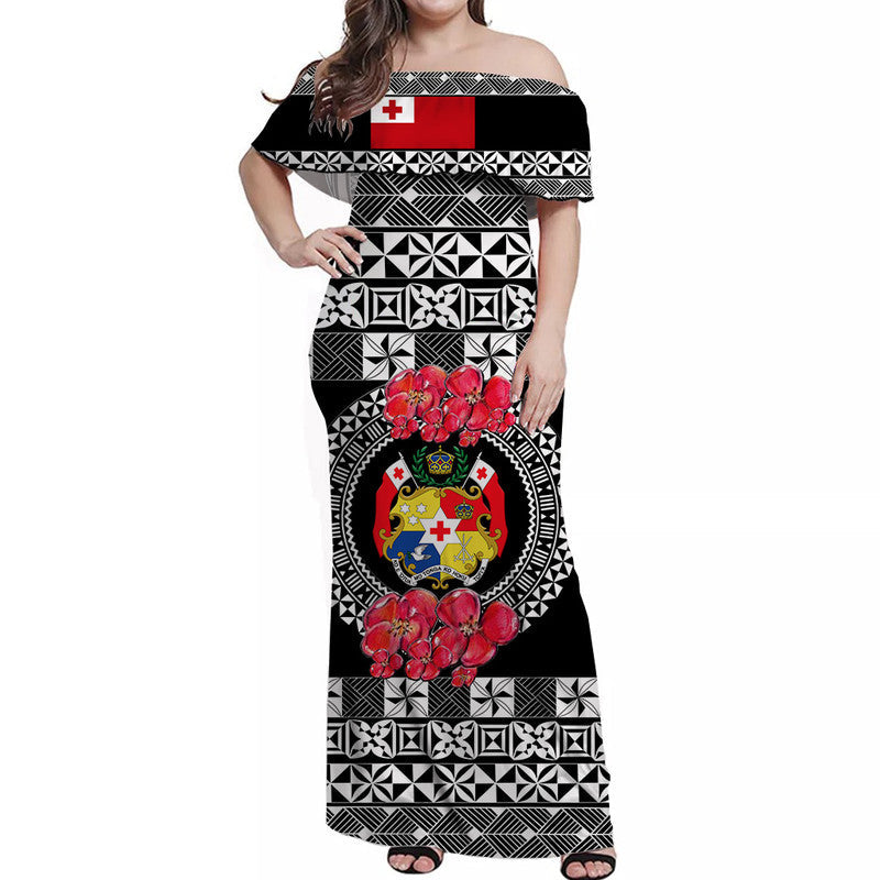 Custom Personalised Tonga Emancipation Day Off Shoulder Long Dress Independence Day Simple Ngatu Heilala Flower Black