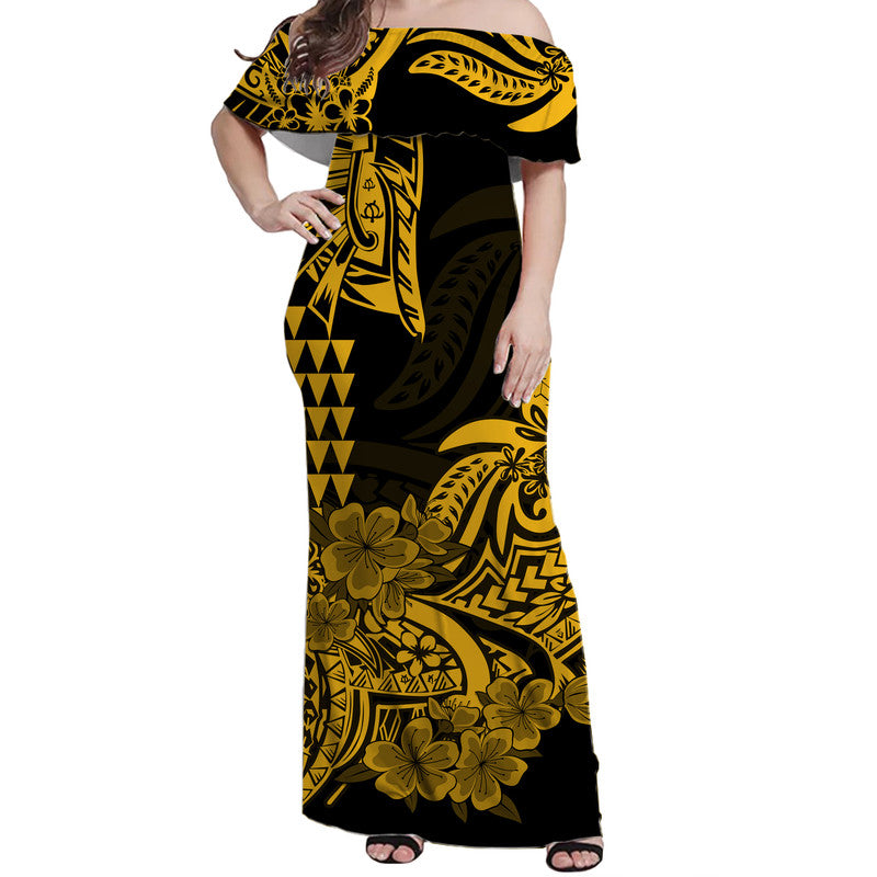 Hawaii Kakau Off Shoulder Long Dress Polynesian Floral Tribal Gold Version