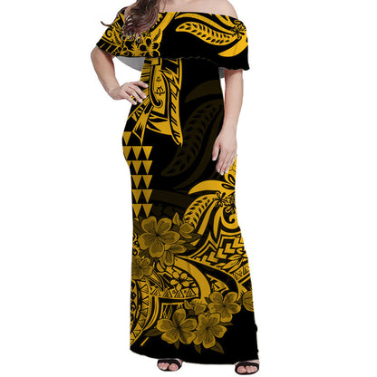 Hawaii Kakau Off Shoulder Long Dress Polynesian Floral Tribal Gold Version