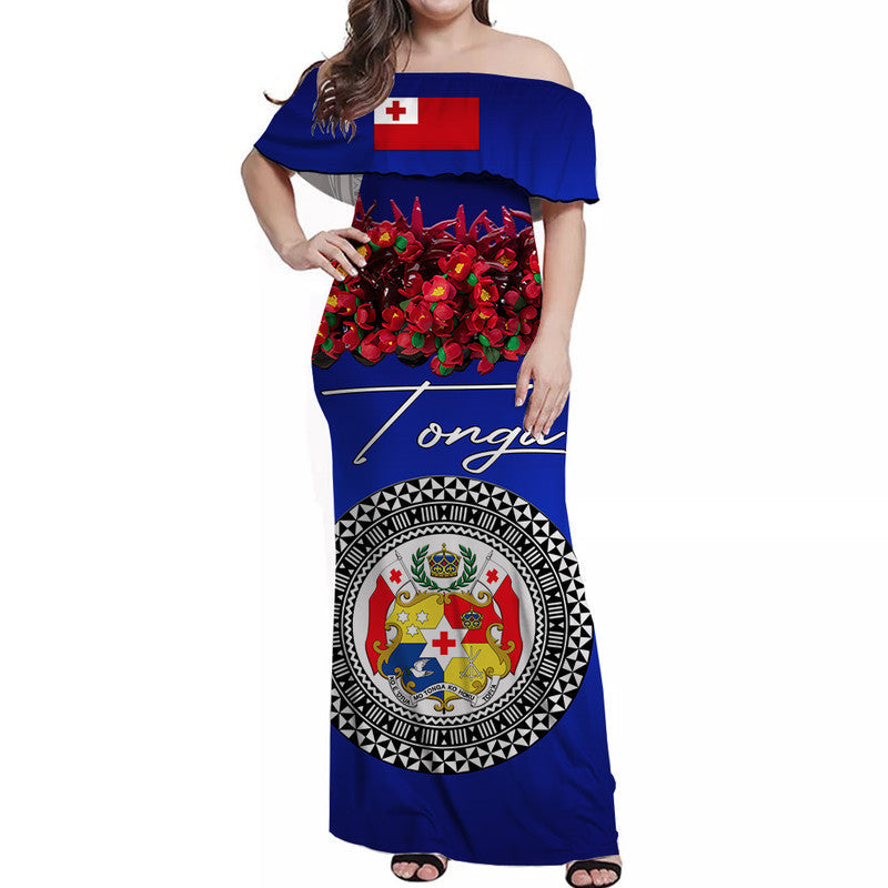 Custom Personalised Tonga Emancipation Day Off Shoulder Long Dress Independence Day Unique Kahoa Heilala Flower Blue