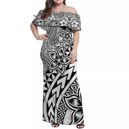 Traditional Polynesian Tribal Tattoo Retro Women Off shoulder Long Dress Black
