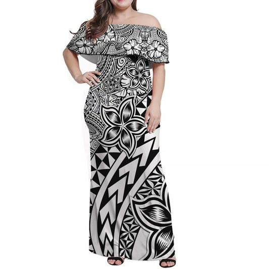 Traditional Polynesian Tribal Tattoo Retro Women Off shoulder Long Dress Black