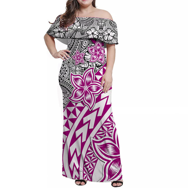Traditional Polynesian Tribal Tattoo Retro Women Off shoulder Long Dress Pink