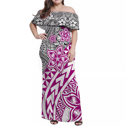 Traditional Polynesian Tribal Tattoo Retro Women Off shoulder Long Dress Pink