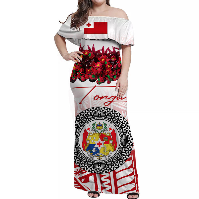 Custom Personalised Tonga Emancipation Day Off Shoulder Long Dress Independence Day Unique Kahoa Heilala Flower White