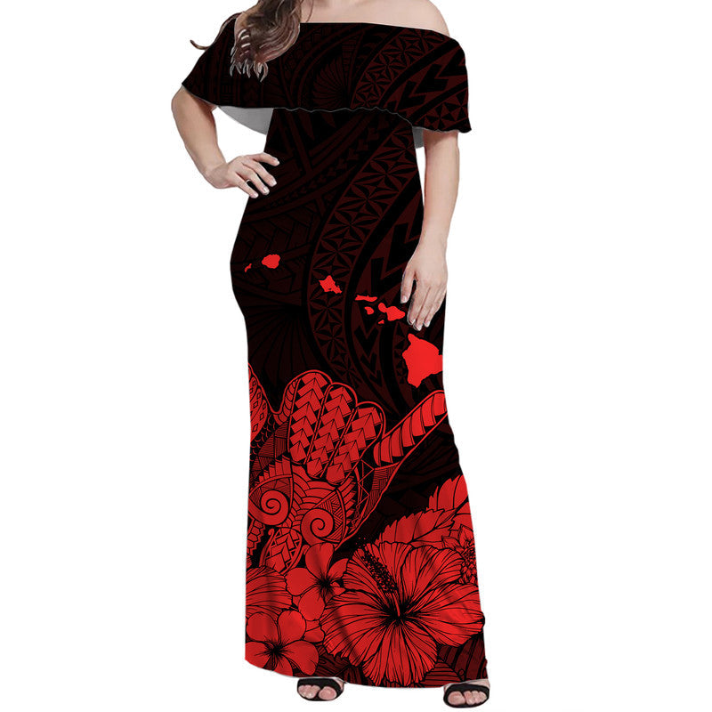 Hawaii Shaka Sign Off Shoulder Long Dress Red Version