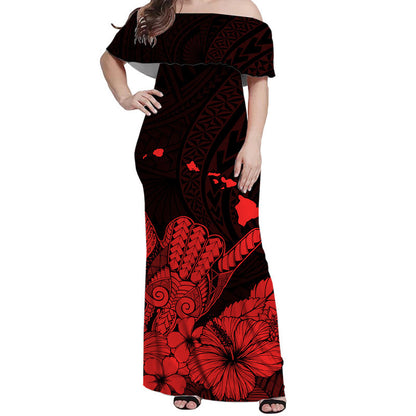 Hawaii Shaka Sign Off Shoulder Long Dress Red Version