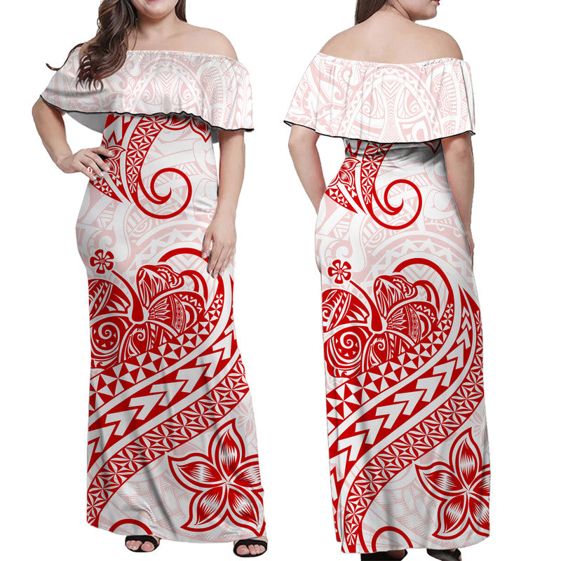 Polynesian Tribal Tattoo Retro Off Shoulder Long Dress Red Screen Color