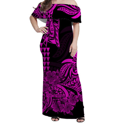 Hawaii Kakau Off Shoulder Long Dress Polynesian Floral Tribal Purple Version