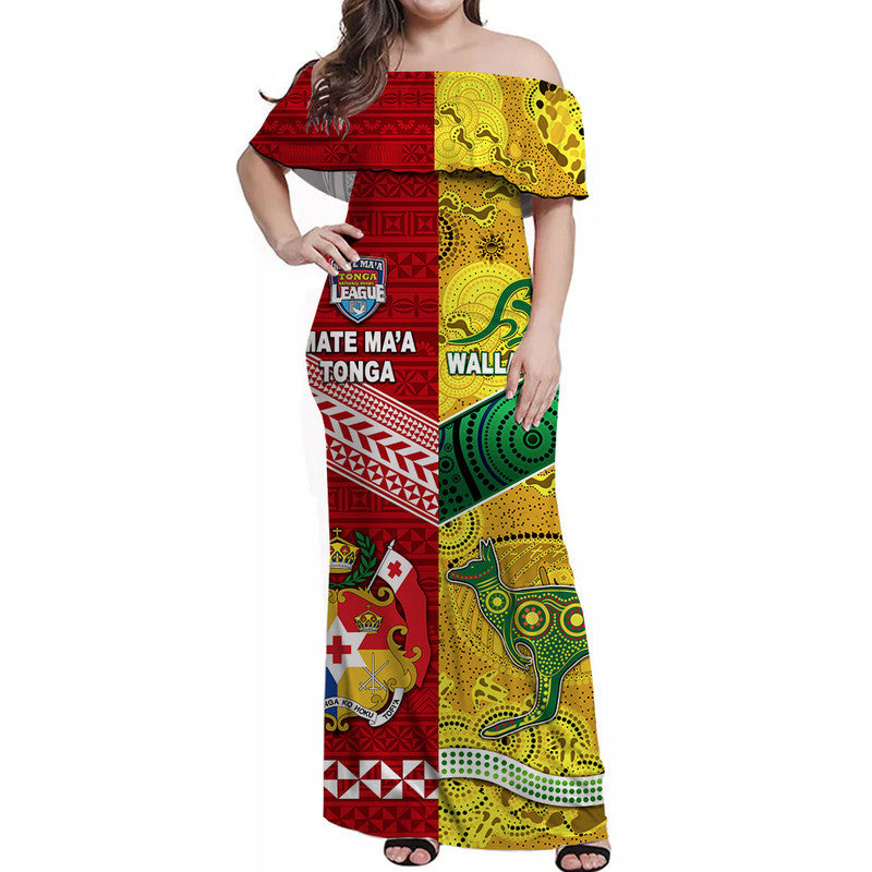 Mate Ma'a Tonga Ngatu And Australia Wallabies Aboriginal Off Shoulder Long Dress Rugby Together
