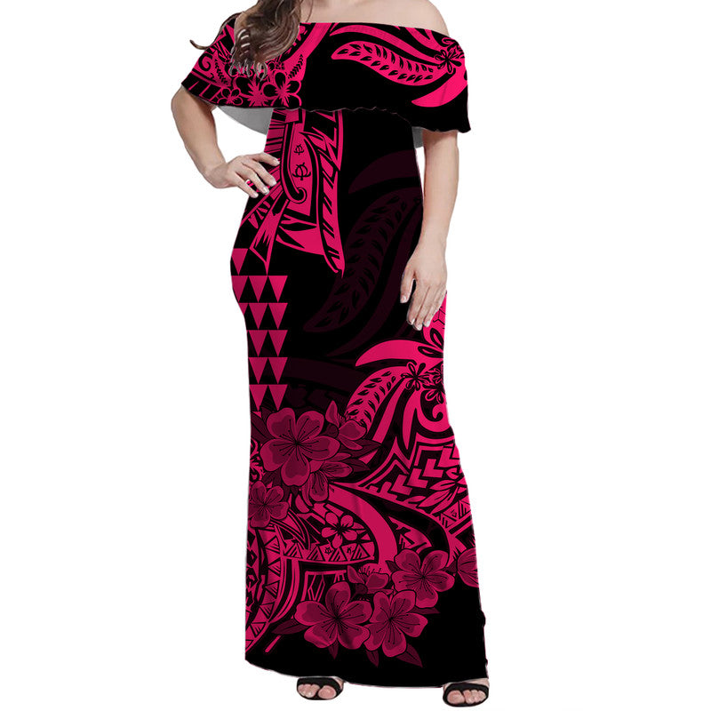 Hawaii Kakau Off Shoulder Long Dress Polynesian Floral Tribal Pink Version