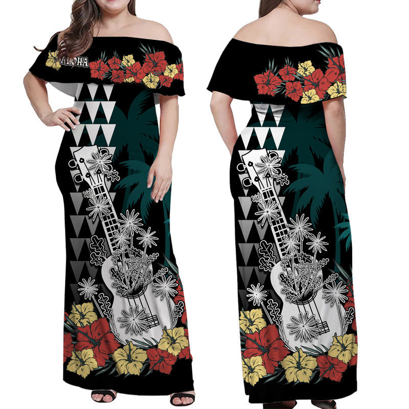 Hawaii Ukulele Mix Hibiscus and Coconut Tree Women Off Shoulder Long Dress Aloha Vintage Black Version