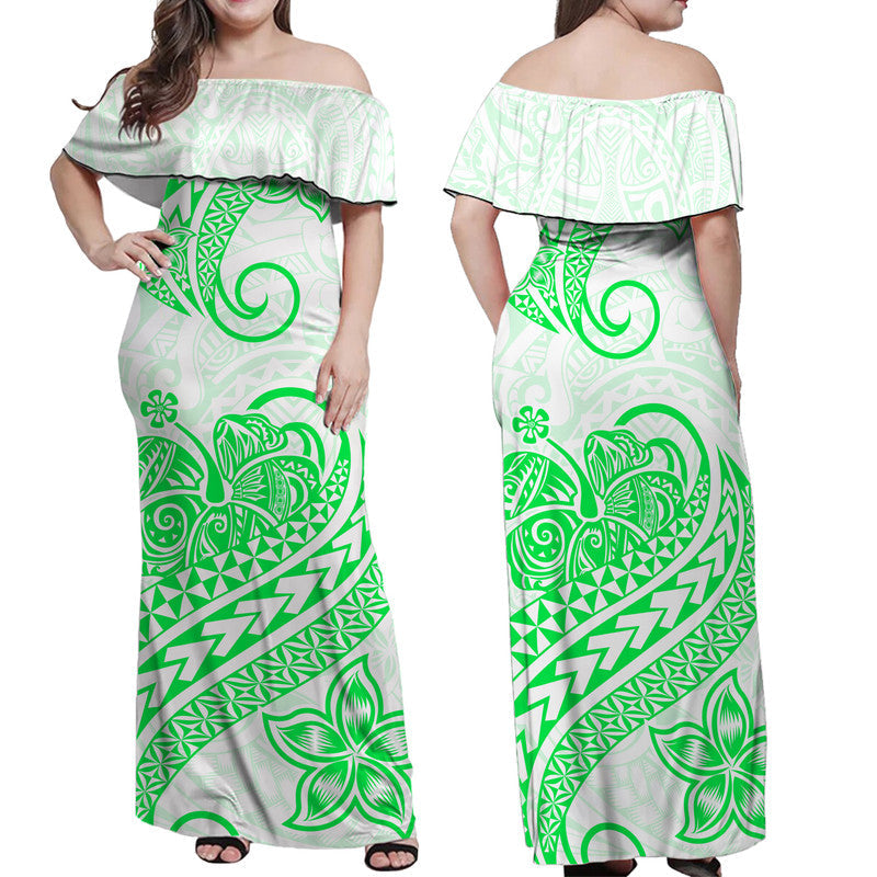 Polynesian Tribal Tattoo Retro Off Shoulder Long Dress Green Screen Color