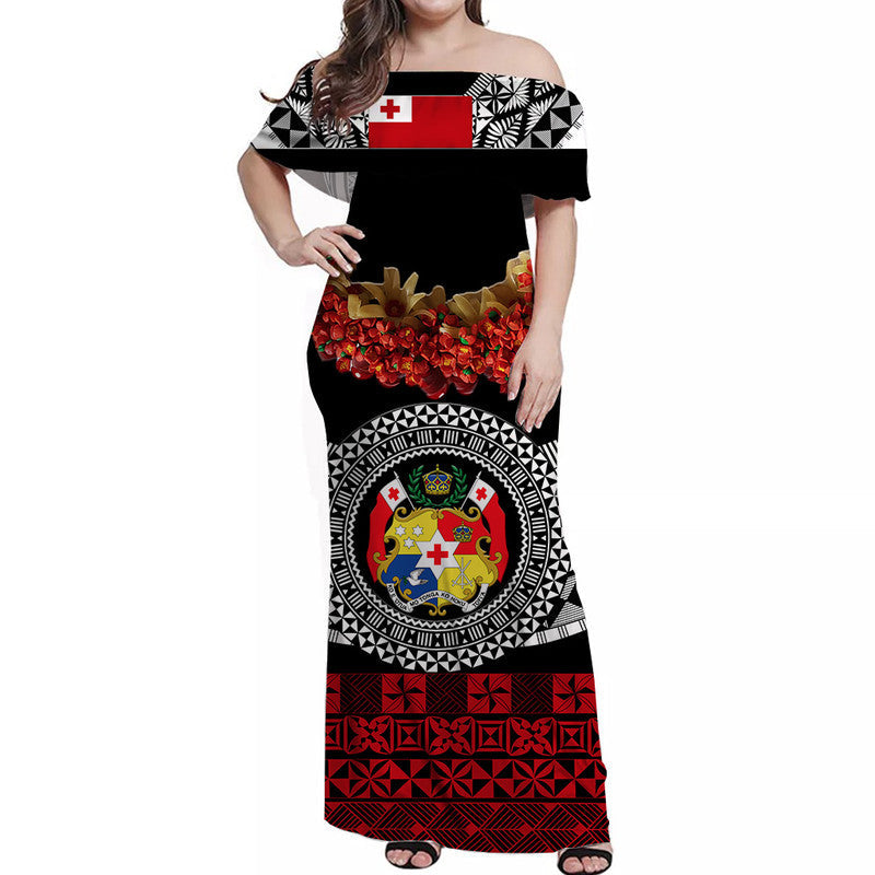 Custom Personalised Tonga Emancipation Day Off Shoulder Long Dress Independence Day Fancy Kahoa Heilala Flower Black Red