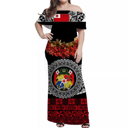 Custom Personalised Tonga Emancipation Day Off Shoulder Long Dress Independence Day Fancy Kahoa Heilala Flower Black Red