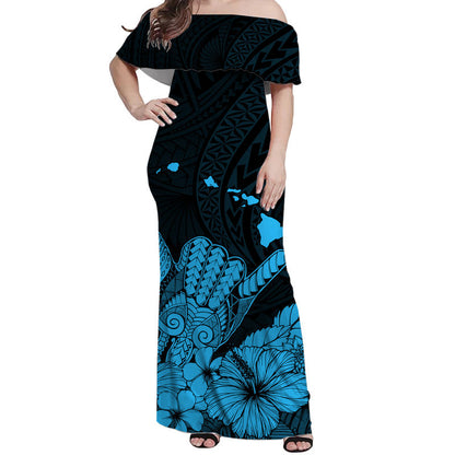 Hawaii Shaka Sign Off Shoulder Long Dress Blue Version