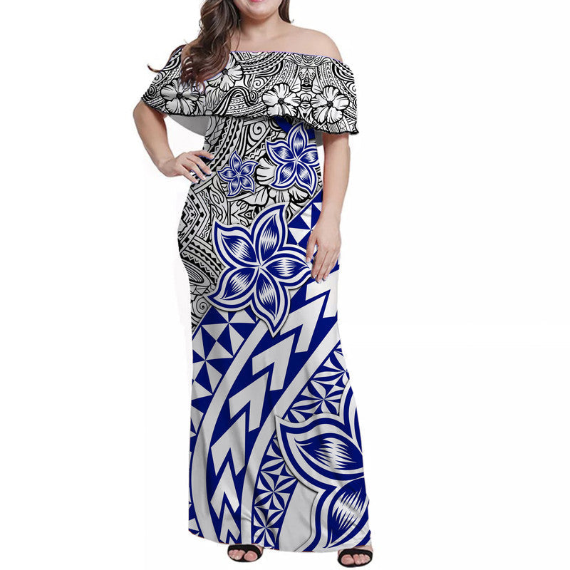 Traditional Polynesian Tribal Tattoo Retro Women Off shoulder Long Dress Blue