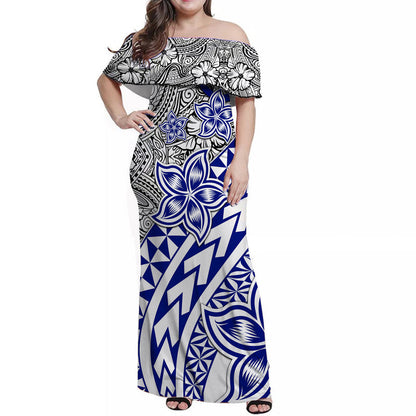 Traditional Polynesian Tribal Tattoo Retro Women Off shoulder Long Dress Blue