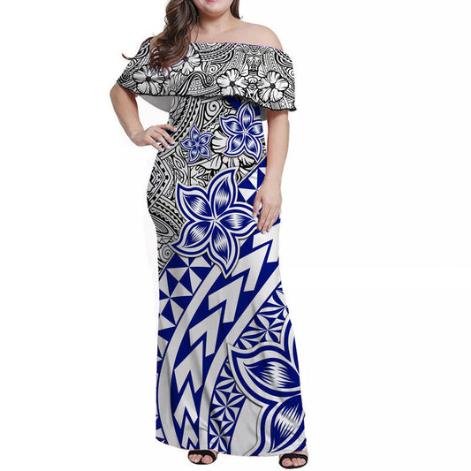 Traditional Polynesian Tribal Tattoo Retro Women Off shoulder Long Dress Blue