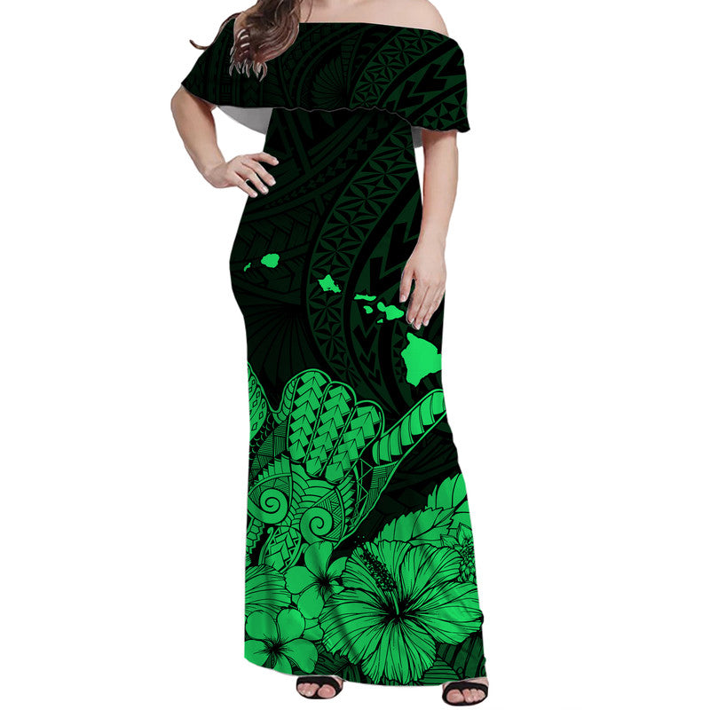 Hawaii Shaka Sign Off Shoulder Long Dress Green Version