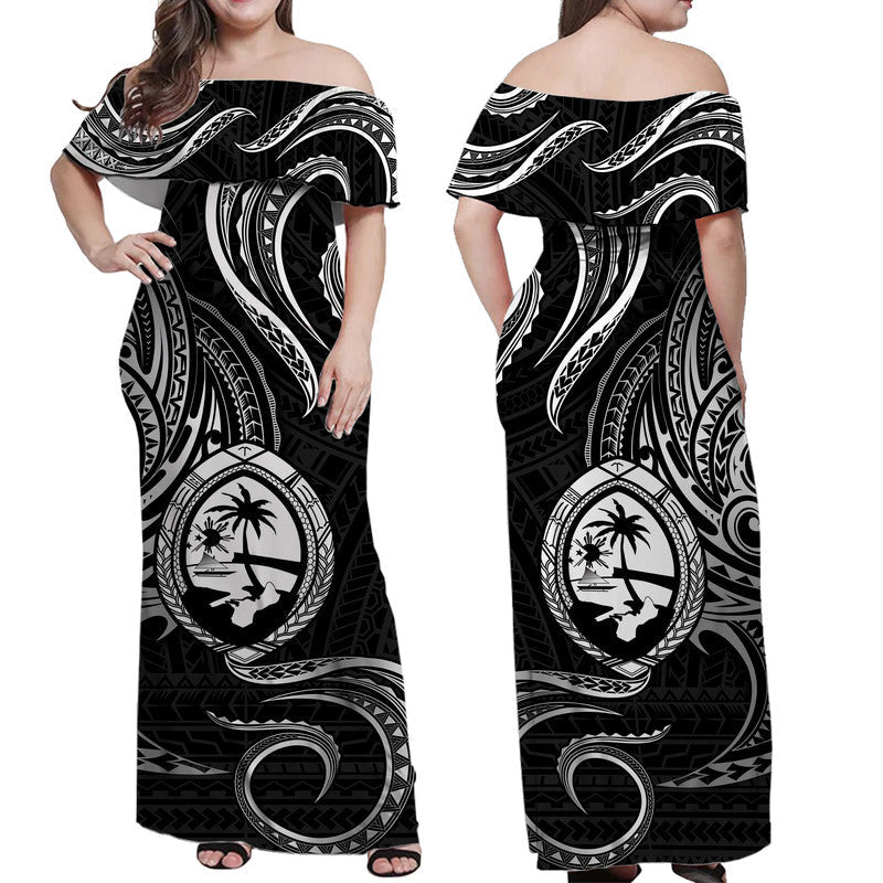 Polynesian Pride Guam With Polynesian Tribal Tattoo and Coat of Arms Off Shoulder Long Dress Black Version