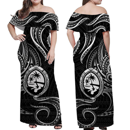 Polynesian Pride Guam With Polynesian Tribal Tattoo and Coat of Arms Off Shoulder Long Dress Black Version