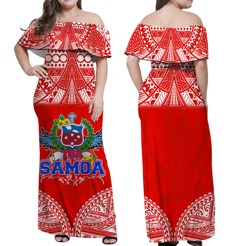 Toa Samoa Polynesian Rugby Women Off Shoulder Long Dress Samoan Flag Red Color