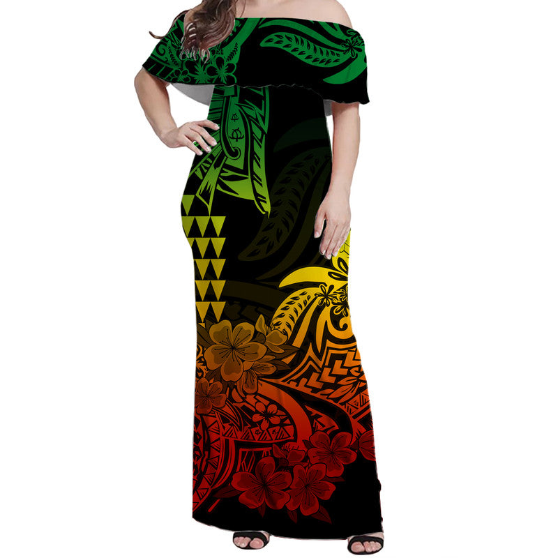 Hawaii Kakau Off Shoulder Long Dress Polynesian Floral Tribal Reggae Version