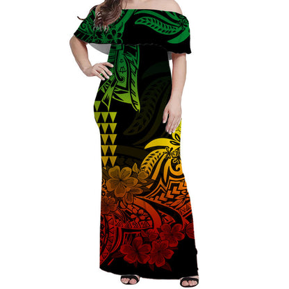 Hawaii Kakau Off Shoulder Long Dress Polynesian Floral Tribal Reggae Version