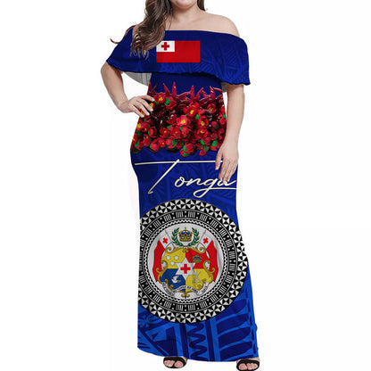 Custom Personalised Tonga Emancipation Day Off Shoulder Long Dress Independence Day Unique Kahoa Heilala Flower Blue