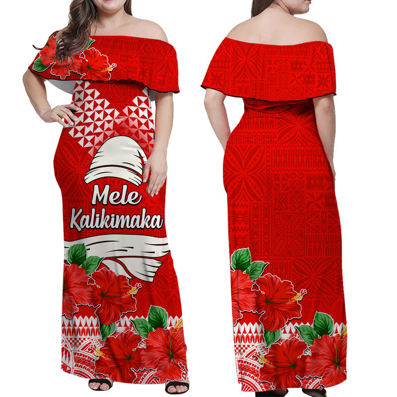 Hawaii Hibiscus Flower Mele Kalikimaka Women Off Shoulder Long Dress