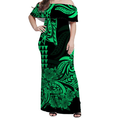 Hawaii Kakau Off Shoulder Long Dress Polynesian Floral Tribal Green Version