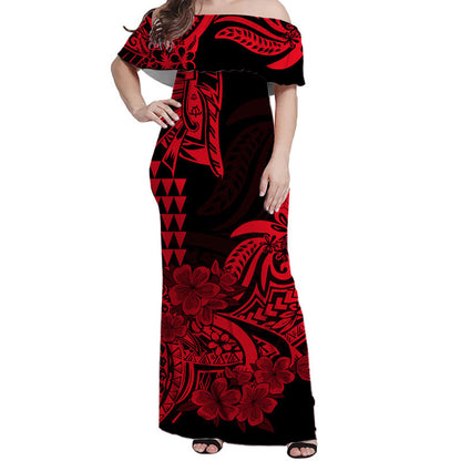 Hawaii Kakau Off Shoulder Long Dress Polynesian Floral Tribal Red Version