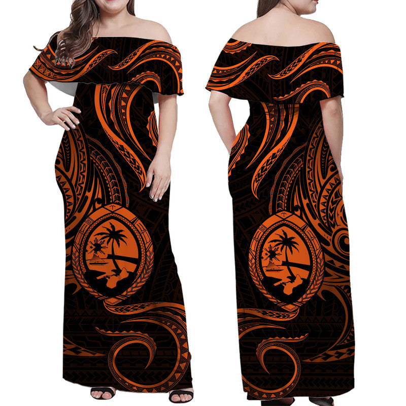 Polynesian Pride Guam With Polynesian Tribal Tattoo and Coat of Arms Off Shoulder Long Dress Orange Version