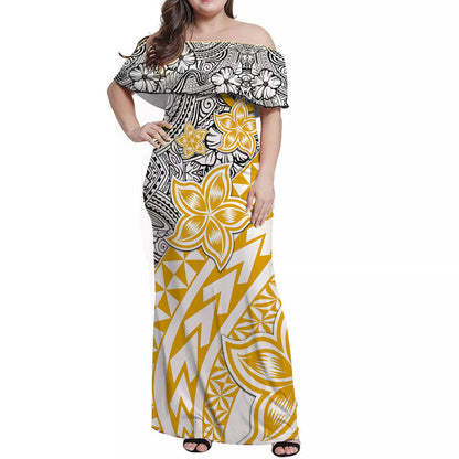 Traditional Polynesian Tribal Tattoo Retro Women Off shoulder Long Dress Yellow