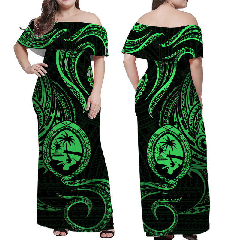 Polynesian Pride Guam With Polynesian Tribal Tattoo and Coat of Arms Off Shoulder Long Dress Green Version