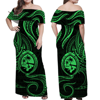 Polynesian Pride Guam With Polynesian Tribal Tattoo and Coat of Arms Off Shoulder Long Dress Green Version