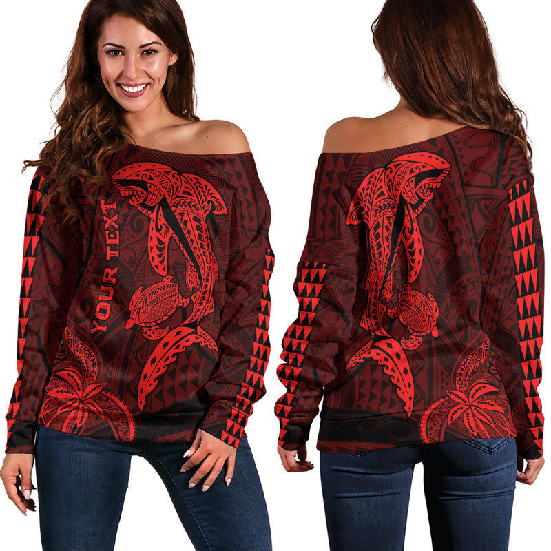 (Custom Personalised) Hawaii Women Off Shoulder Sweater Shark and Turtle Mix Kakau Red