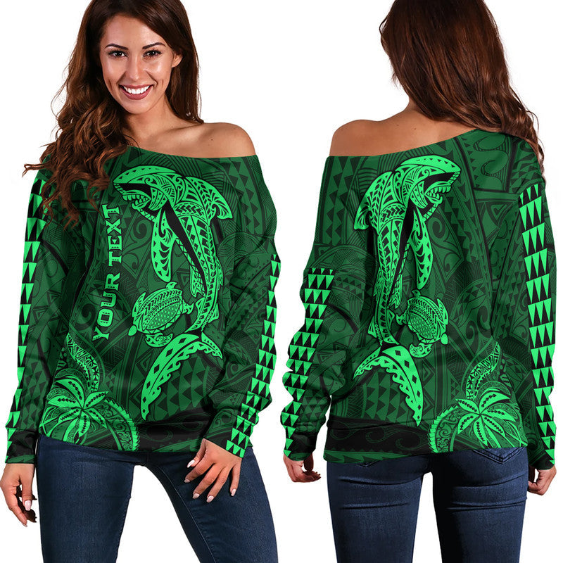 (Custom Personalised) Hawaii Women Off Shoulder Sweater Shark and Turtle Mix Kakau Green