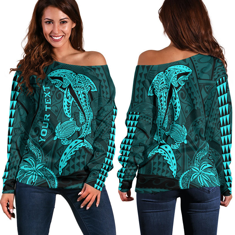 (Custom Personalised) Hawaii Women Off Shoulder Sweater Shark and Turtle Mix Kakau Turquoise