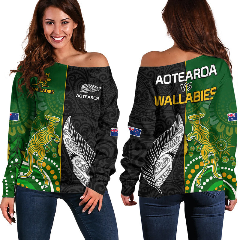 Aotearoa Rugby All Black Combine Australia Wallabies Women Off Shoulder Sweater Aboriginal Kangaroo And Maori Fern